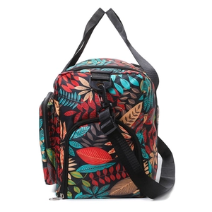 Large capacity travel tote with colorful leaf patterns and wet-dry separation pockets