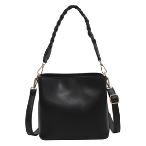 Fashionable black PU leather bucket bag with woven handle and gold hardware detail