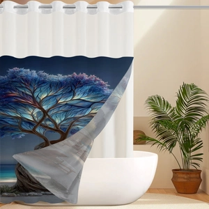 Close-up of waffle weave shower curtain with metal grommets and blue fantasy tree print