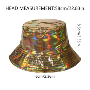 Detailed size chart of gold metallic PU bucket hat showing 58cm head circumference