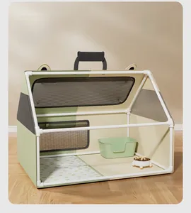 Detailed view of spacious pet tent with mesh windows, cat litter box, and feeding bowls