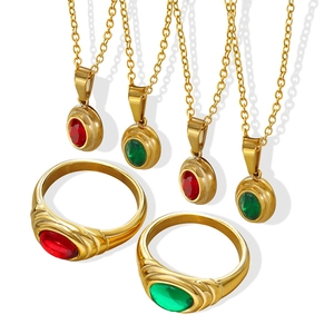 Egyptian Pharaoh jewelry set with red and green gemstones in gold-plated steel