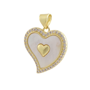 Detailed view of a gold heart pendant with white shell inlay and sparkling crystals