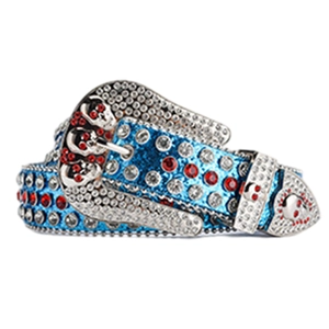 Macro shot of blue Y2K belt with skull buckle featuring red and clear rhinestones