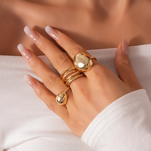 Detailed view of a gold spherical layered ring on a hand for a modern fashion look