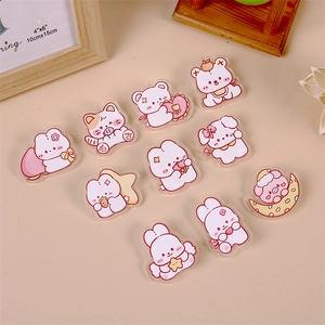 Set of 11 cute cartoon acrylic pins featuring kawaii bears and rabbits for bags and clothing