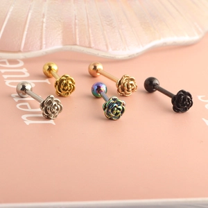 Set of 4 pairs of stainless steel rose-shaped stud earrings in gold, silver, rainbow, and black
