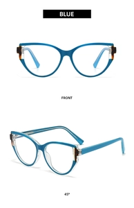 Detailed front and side views of transparent blue cat-eye frames with amber accents