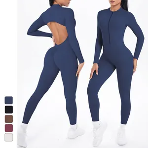 Damen Langarm Yoga Jumpsuit Frontreißverschluss Rückenausschnitt Ruched Po-Lifting Gym Fitness Sport Einteiler Unitard