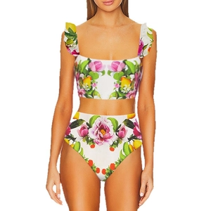 Two-piece floral high waist bikini set with pink peony and lemon prints on white