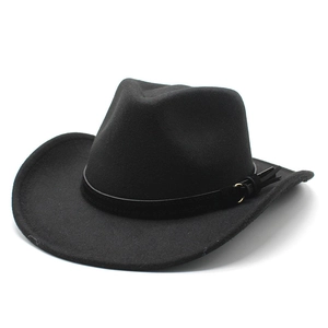 Classic black wool western cowboy hat with wide brim and gold ring leather band detail