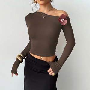 Detail of burgundy 3D floral applique on dark brown off-shoulder slim-fit long sleeve top