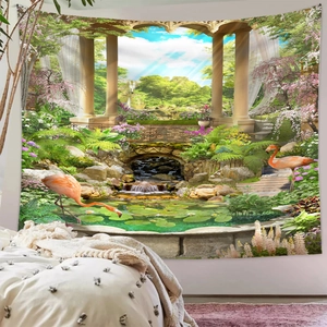 Detaillierter Gartenteppich mit Brunnen und Flamingos an einer Schlafzimmerwand