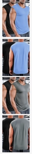 Mens quick-dry gym vests in black, light blue, and dark grey shown in a gym setting