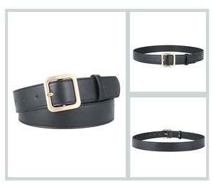 Detail view of black PU leather belt with square gold buckle and adjustment holes
