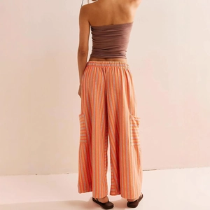 Women's casual wide-leg pants with vibrant orange stripes and comfortable elastic waist