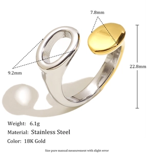 Minimalist 18K gold and silver two-tone open ring in stainless steel with dimensions