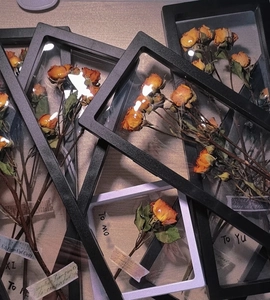 3D PE film suspension box with dried roses in black and white minimalist frames