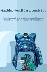 Close-up of kids dinosaur backpack featuring a matching insulated lunch bag and pencil case