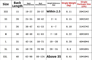 Detailed pet life jacket size chart with neck and chest measurements for large and small dogs