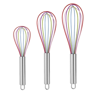 Three-piece colorful silicone whisk set with stainless steel handles on white background