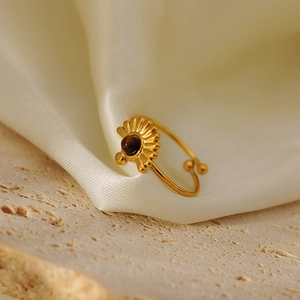 French vintage stainless steel open ring with brown natural stone and fan-shaped design
