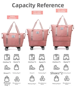 Three-stage expandable pink travel bag showing small, medium, and large capacity modes