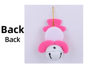 Back view of pink and white felt snowman ornament with white star cutout metal bell