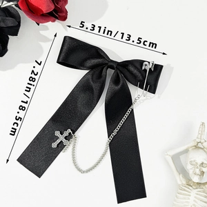 Gothic black satin bow hairclip with silver cross pendant and size dimensions