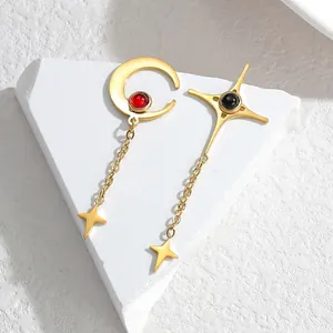 Gold stainless steel moon and star drop earrings with red and black gems