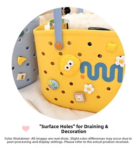 Detail of yellow perforated bath basket with blue handles and cute decorative charms
