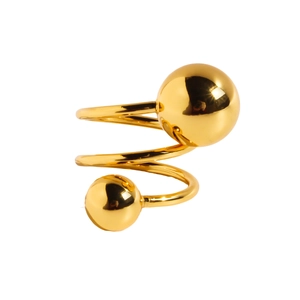 Spiral gold ring featuring polished spherical beads at ends for a trendy hip-hop style