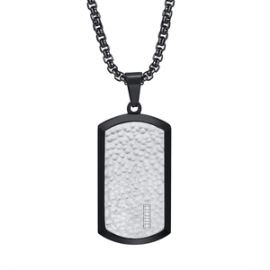 Men's titanium steel military tag necklace with silver hammered texture and inset crystals