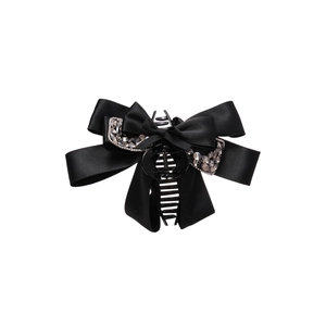 Elegant black satin bow hair claw clip with crystal rhinestones on white background