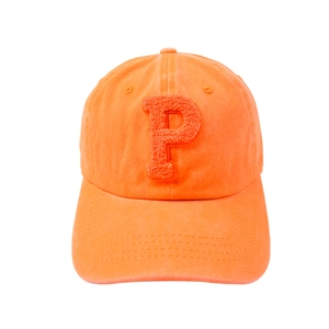 Neon orange baseball cap with vintage washed cotton fabric and embroidered P letter