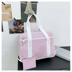 Pink JK uniform school bag with transparent heart window and small matching wallet