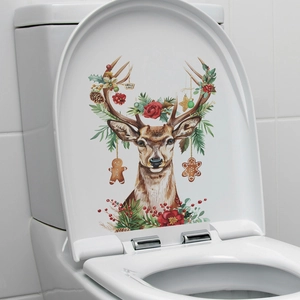 Christmas reindeer wall sticker with gingerbread and stars on white toilet cover