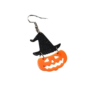Halloween witch hat and pumpkin face acrylic earrings with sparkly glitter finish