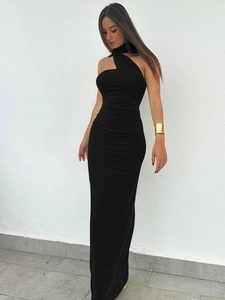 Elegant black strapless bodycon maxi dress with hanging ribbon details for women