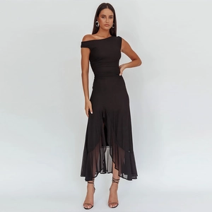 Elegant black asymmetric one-shoulder midi dress with irregular ruffle hem and slit