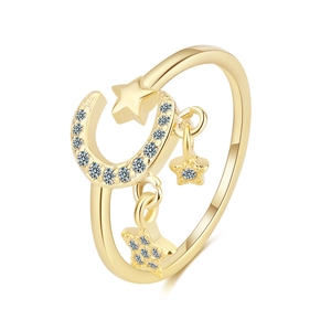 Star Moon Adjustable Open Ring Rhinestone Encrusted Dainty Dangle Stars Copper Jewelry For Women