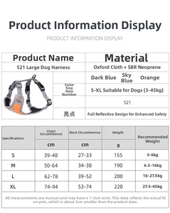 Size chart for reflective dog harness showing chest and neck measurements for S to XL sizes