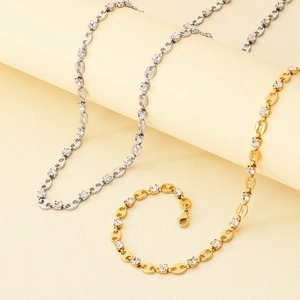 18K gold and silver stainless steel coffee bean necklace set with pavé cubic zirconia