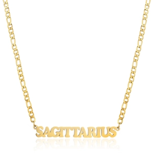Detail of 18K gold-plated stainless steel Sagittarius pendant on Figaro link chain