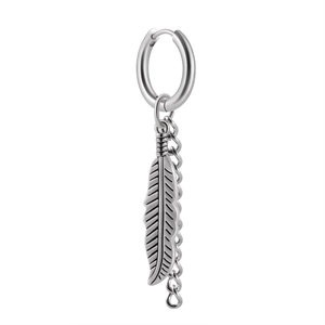 Silver stainless steel huggie earrings featuring textured feather charms and long chains