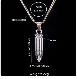 Technical view of silver bullet necklace with stainless steel chain and alloy pendant specs