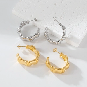 C-Shaped Hoop Earrings Stainless Steel 18K Gold Plated Bamboo Joint Texture Retro Minimalist Fashion Jewelry For Women
