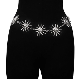 Silver metal chain belt featuring sun face charms on a black display mannequin