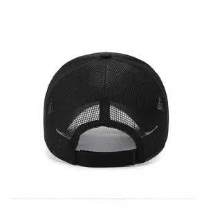 Rear view of black mesh baseball cap showing breathable net and adjustable velcro strap