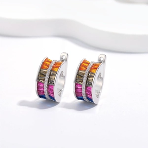 Rainbow S925 silver hoop earrings with multicolored square-cut gems and micro diamonds